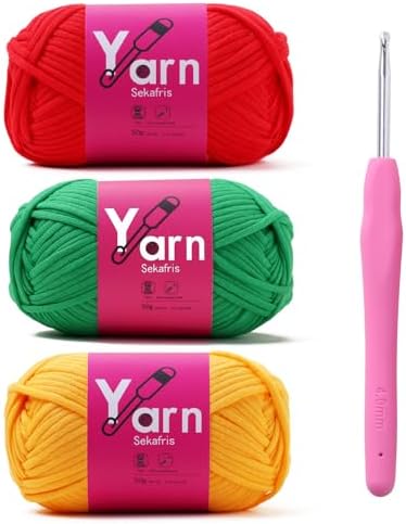 Crochet Yarn with Cotton Yarn for Crocheting - Crochet Knitting Yarns for Beginners with Easy-to-See Stitches - Yarn for Crocheting - Chunky Yarns(Crimson+Golden Yellow+Christmas Green