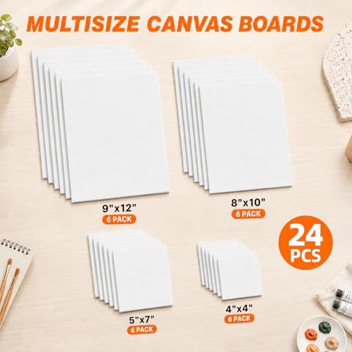 CONDA 24-Pack 𝗣𝗥𝗘𝗠𝗜𝗨𝗠 Canvas for Painting, 6 of 5x7, 6x6, 8x10, 9x12 Paint Canvas Boards, 100% Cotton Triple Primed Canvases Bulk, Art Supplies for Adults & Kids