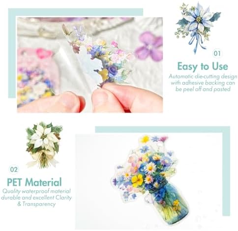 OKUPAN 120Pcs Flower Stickers for Scrapbooking Supplies, Transparent Scrapbook Stickers for Journaling, Card Making Supplies, Planner, DIY Craft, Wedding Invitations