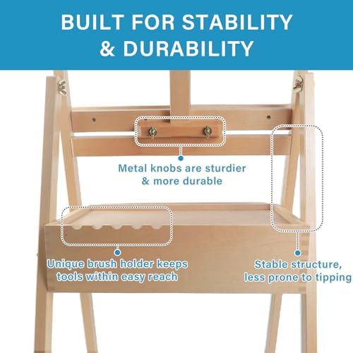 Large Beechwood H-Frame Studio Easel Stand with Storage Drawer, Natural | Height Adjustable to 35Inches High, Suitable for Painting, Sketching and Displaying