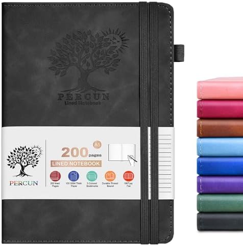 PERCUN Lined Journal Notebook 200 Pages Hardcover Leather Journal 5.9"x8.5" | A5 writing journal for women, men, business, travel, school, college ruled pages, daily diary