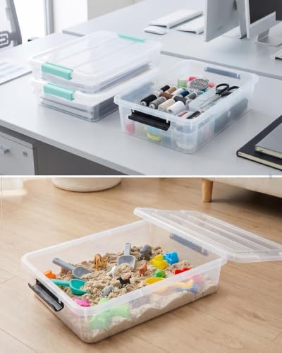 EOENVIVS 4 Pack Clear Storage Bins with Lids, A4 File Boxes, Green Latches