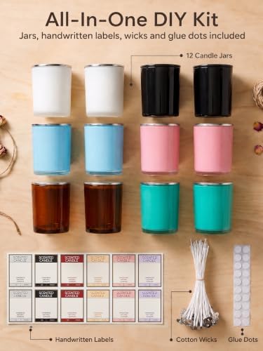 LumaCraft 8oz Candle Jars with Lids, 12 Pack Colored Glass Containers for Candle Making, DIY Kit with 20 Wicks, Stickers & Labels, Refillable Aromatherapy Jars for Home Decor & Gifts