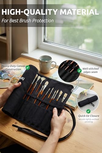 30-Slot Roll-Up Canvas Brush Holder with Lay-Flat Design, Black Brush Case
