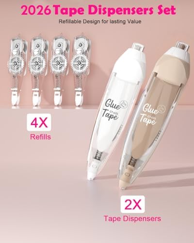 2026 Retractable Double Sided Tape Roller for Crafts, 2 Pcs Glue Tape for Scrapbooking with 4 Extra Refills,16FT Scrapbook Tape Runner, Tape for Art School Office Supplies White & Gray