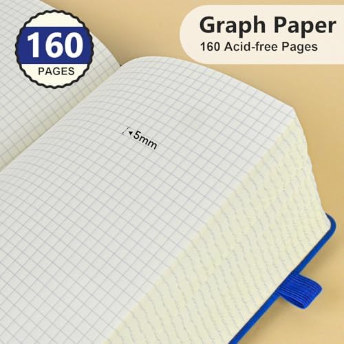 Graph Paper Notebook 5.9"×8.5", 160 Pages Grid Notebook, A5 Graphing Paper | Hardcover Leather Journal for Women & Men,100 Gsm, Grid Spacing 5mm x 5mm, Medium Size, Grid notebook for Work, School, Math