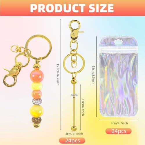 48 Pcs Beadable Keychains Bars bulk - 24 Gold & Silver DIY Metal Beaded Keychain Making Kit + 24 Bags Included, Bead Keychain Supplies,Blank Key Chain, Perfect for Women, Men, Birthday Gift