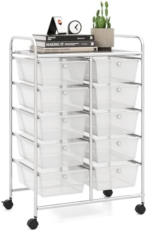 LDAILY 10 Drawer Rolling Cart, Storage Cart Organizer on Wheels, Drawer Cart with Metal Frame & Large Storage Capacity, Rolling Cart with Drawers for Living Room Classroom, Office