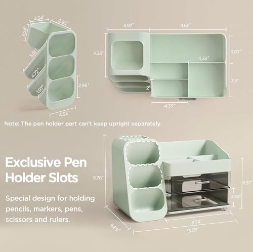 HBlife Desk Organizer with Pen Pencil Holder for Desk, Pen Organizer with 2 Drawers, Desk Organizers and Accessories with 4 Compartments, Desktop Storage for Office Home School Art Supplies, Green