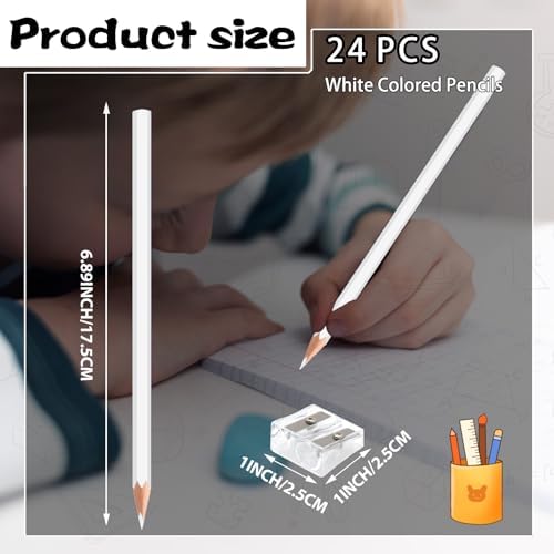 24 Pack White Colored Pencils for Kids, Pre-sharpened Art Pencils Back to School Supplies Set, Drawing Sketching Pencils for Students, Teachers, Classroom