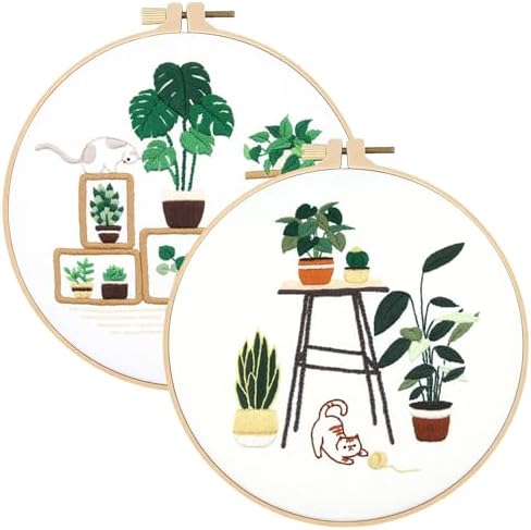 spicssa 2 PCS Embroidery Kit for Beginners, Hand Needlepoint Kits for Adults with Pre-Stamped Patterns, 7.8-Inch Hoop, Threads & Needles, Step by Step Instructions