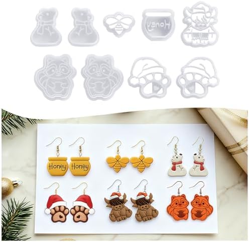 9 Pack Christmas Polymer Clay Cutters - Honey Jar/Bee/Bear/Dog Paw/Cow/Raccoon, Ideal Polymer Clay Molds & Polymer Clay Earring Cutters for Christmas Jewelry Making Easter Gifts
