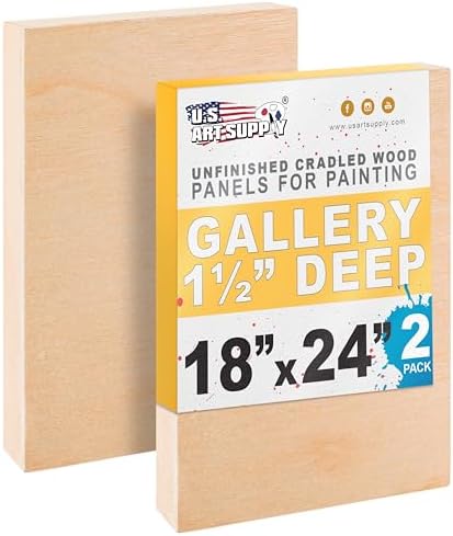 U.S. Art Supply 18" x 24" Unfinished Cradled Wood Panels for Painting | Gallery 1-1/2" Deep (2 Pack) - Artist Depth Wooden Wall Canvases - Mixed-Media Craft, Acrylic, Oil, Encaustic, Paint Pouring