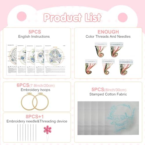 Kuabiz 5 Sets Skull Embroidery Kits for Beginners Anatomy Cross Stitch Kit for Adults Organ Embroidery Starter Kit Embroiderys Hoop Needlepoint Kits with Instruction Needles Threads for Doctors Gifts