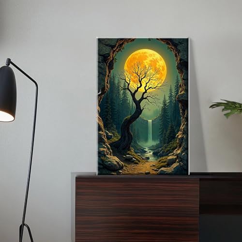 JOOZ Paint by Numbers Kit for Adults with Frame Moon Paint by Number with Easel Tree Adult Paint by Number Kits Framed Canvas Mountain Waterfall Oil Painting Kits for Gift Home Wall Decor 8x12 Inch