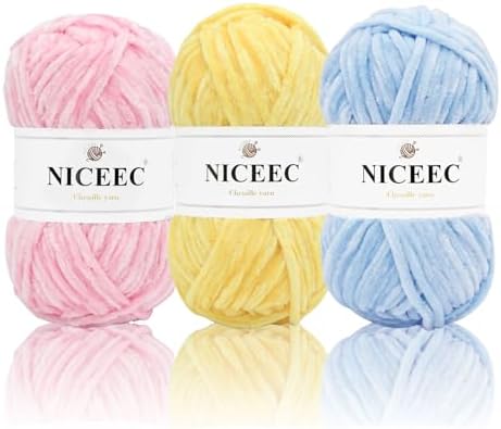 NICEEC 3 Skeins Soft Chenille Yarn 3x85m(3x93yds,3x50g)_Pink-Yellow-Blue