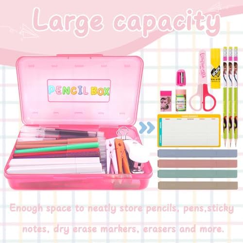 Pink Pencil Case Plastic Clear Hard Pencil Box Crayon Box Organizer 1 Pack Office Supplies Storage Container Organizer Boxes for Girls for Pens Crayon School Stylish Art Office Supplies Storage Medium