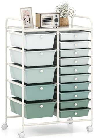 Giantex 15 Drawers Rolling Cart, Classroom Organizers, Storage Cart with Wheels, for Teacher Office Home School Supplies Tool Craft Art Paper, Green Gradient