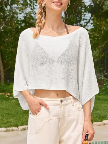 Saodimallsu Womens Crochet Cover Ups Batwing Sleeve Sweater Crop Tops Lightweight Summer Boho Knit Sheer Poncho Top