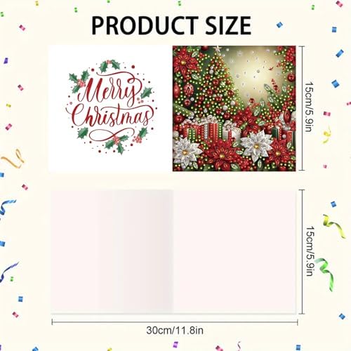 6Pcs Christmas Greeting Card DIY Diamond Art Painting Greeting Cards Blessing Folding Card Kit with White Envelopes Diamond Arts Crafts for Birthday Festival Gift-Poinsettia