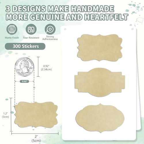 300 Pcs Kraft Labels Stickers, 1.2x2 Inch, 3 Decorative Designs, Writable for Gift Wrapping, Pantry Storage, Jars & Wedding Decor