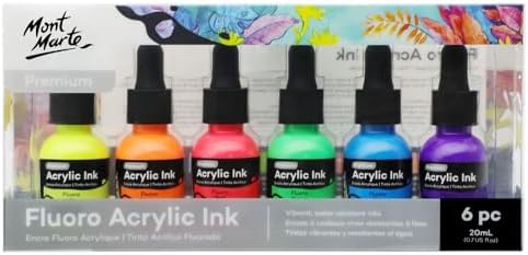 Mont Marte Acrylic Ink Premium 6pc x 20ml (0.7 US fl.oz), Acrylic Inks for Artists, Fluoro Colors, Ideal for Air Brush, Pouring Art, Scrapbooking, Ink Drawing, Mixed Media