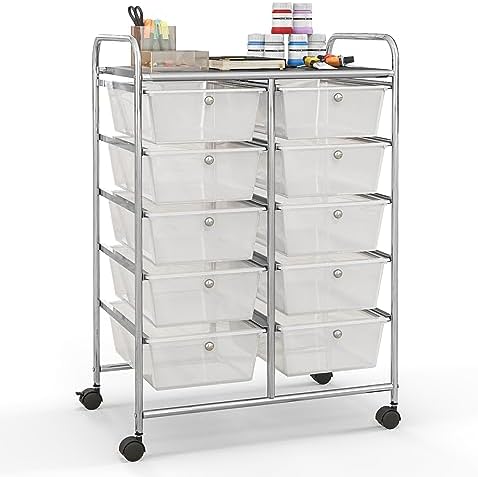 Giantex 10 Drawers Rolling Cart, Classroom Organizers, Storage Cart with Wheels, for Teacher Office Home School Supplies Tool Craft Art Paper, Clear White