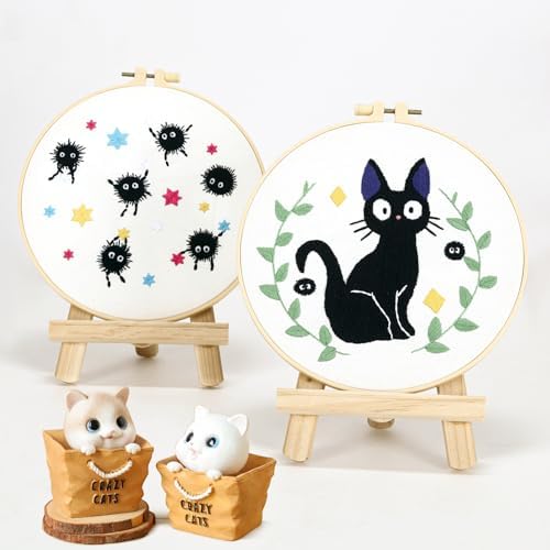 Cat Embroidery Starter Kit for Beginners Adults, Animal Stamped Cross Stitch Kit for Adult Beginner, Hand Embroidery Needlepoint Kits, 2 Set Embroidery Supply, 2 Hoops (Attached Video Tutorial)
