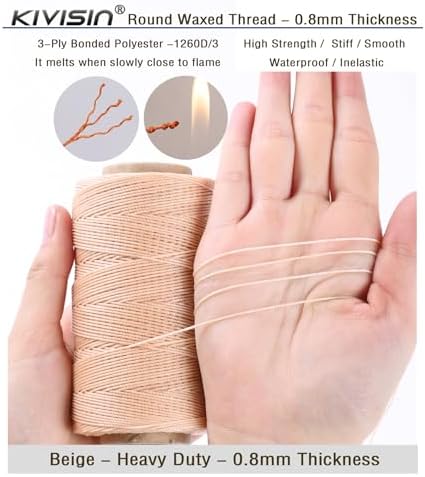 Bonded 0.8mm Round Waxed Polyester Cord, 3-ply Wax Coated Thread, 197 Yards Stiff String for Heavy Duty Fabric, Leather Sewing, Book Binding, Upholstery Repair, and Macrame Jewelry - Beige
