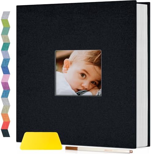 Popotop Photo Album Self Adhesive with Picture Display Window,40 Pages DIY Scrapbooking Supplies Kit for 4x6 10x12 Picture,Linen Cover Memory Book for Baby Wedding, with Scraper and Metallic Pen