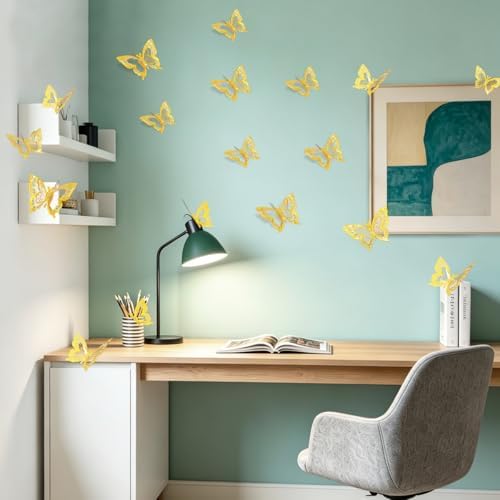 60 Pcs Butterfly Wall Decals - 3D Gold Butterflies Removable Mural Wall Stickers for Home Room Office Bedroom Decorations