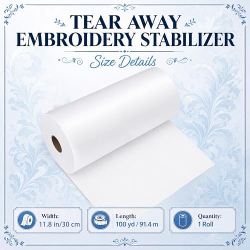 Peryiter 1 Roll 12" x 100 yd Tear‑Away Embroidery Stabilizer 25μm Backing Stabilizer for Embroidery Lightweight Sewing Stabilizers for Hand Sewing Machine