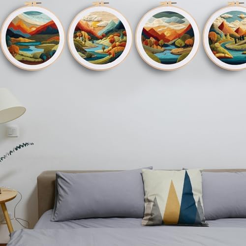 FONNUY Embroidery Kit for Beginners, Brightly Colored Landscape Lake Pre-Stamped Pattern Kits for Adults with Hoop, Easy to Follow Color Thread Needlework, 8'' Hoop (Lightblue)