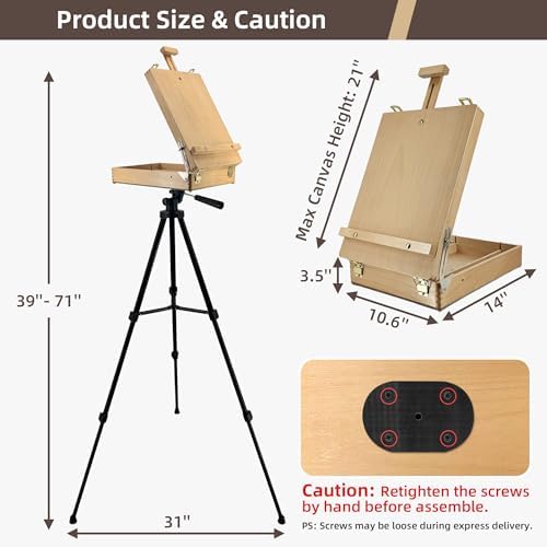 French Style Easel with Beech Wood & Aluminum Tripod | Light Weight Plein Air Easel- Adjustable Sketch box Tripod for Outdoor & Studio Painting, Sketching
