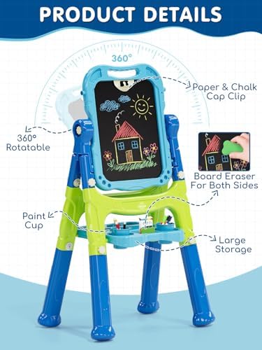 Lehoo Castle Easel for Kids 3-5, Magnetic Chalkboard Whiteboard (Blue)