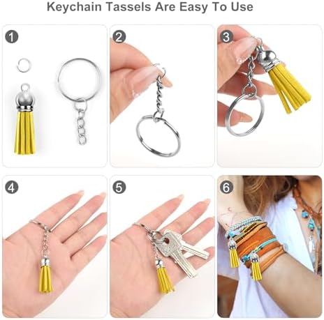 Tassels for Jewelry Making 150 Pieces Yellow Leather Tassels Bulk 38mm Silver Cap Keychain Charms with 50pcs Jump Rings for DIY Jewelry Keychain Blanks Bracelet Crafting Supplies