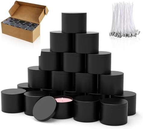 PCREGPAE 4OZ Black Candle Tins Cans with Lids and Wicks for Making Candles