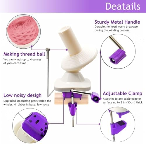 Yarn Ball Winder, Yarn Winder Knitting Set Hand Operated Ball Winder with Tabletop Clamp for Yarn Storage (22) (Purple)