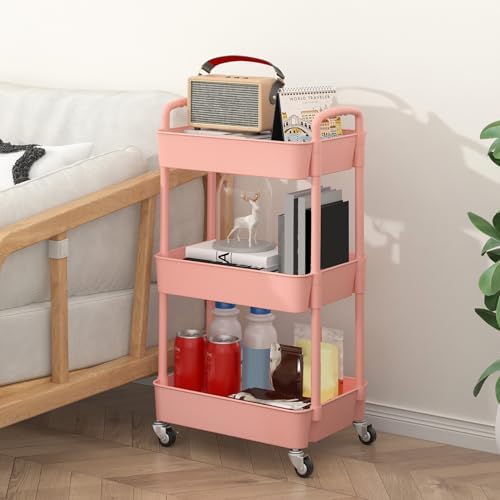 Sywhitta 3-Tier Plastic Rolling Utility Cart with Wheels for Storage, Pink