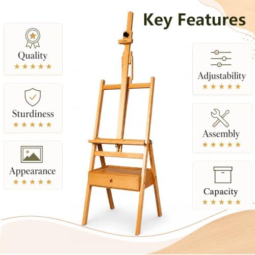 DJAR Solid Beech Wood H-Frame Art Easel with Storage Drawer, Natural | Artist Painting Stand for Adults, Holds Canvas up to 36", Main Mast Adjustable to 75", Great for Home Studios & Classroom