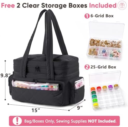 AMOIGEE Puffy Double-Layer Sewing Storage Bag with 2 Clear Organizer Boxes