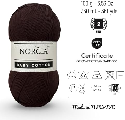Baby Cotton, 55% Cotton 45% Acrylic Yarn, Fine/Sport (2) for Crochet and Knitting, Soft Amigurumi Yarn, 100 gr (361 yds)
