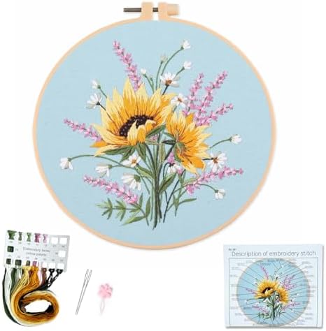 Silentsea Embroidery Kit – Sunny Sunflowers with Delicate Purple and White Floral Accents, Perfect for Beginners and Craft Lovers