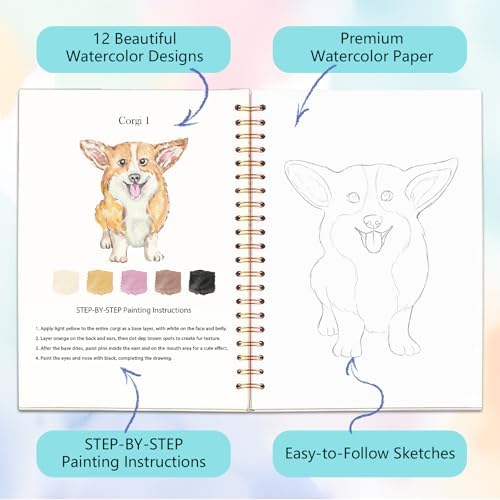 Easy Watercolor Workbook for Beginners - 12 Beautiful Step-by-Step Paintings Water Coloring Book, Includes 18 Colors Paints, Relaxing Art Projects and Creative Gift for Adults & Teen (Dogs)