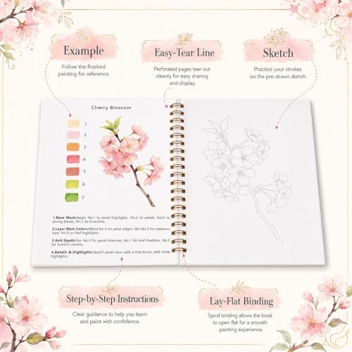 Watercolor Workbook for Beginners, 15 Beautiful Flower Water Coloring Book, Includes 24 Water Colors Workbooks Paint Set, Relaxing Art Projects and Creative Gift for Adults & Teen