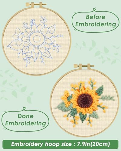 ERKOON Punch Needle Kit Beginners Adults, DIY Easy Flower Embroidery Set for Starter Art Craft, Needling Punching Project with Patterns, Tools, Yarns, Hoop, Instruction (Yellow Flowers)