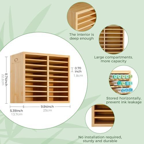 Ohuhu Bamboo Marker Organizer, Wooden Desktop Storage Holds 126 Markers