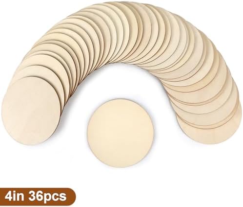 Blisstime Unfinished Wood Circles for Crafts, Wood Rounds for Crafts, Round Discs for Painting, Writing, DIY Supplies, Engraving and Carving, Home Decorations (4" 36 Pcs)