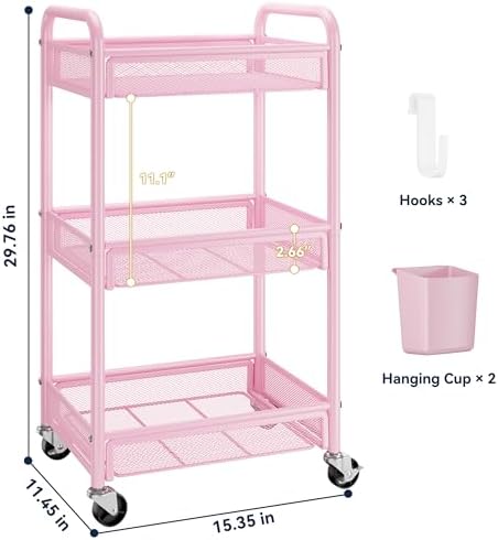 YASONIC 3 Tier Metal Rolling Cart, Pink Utility Storage Cart with Wheels | Metal Mesh Craft Cart With Hooks & Hanging Cups, Ideal For Kitchen, Bathroom, Office, Dorm, Art Workspace, Bedside Storage