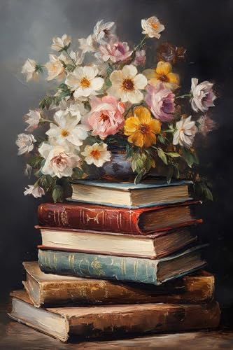 RYMILIE Diamond Art Kits for Adults Vintage Flowers and Books 12x16inch | 5D Stress Relief Diamond Painting Kit for Beginners, DIY Full Square Gem Art Crafts for Home Wall Decor Gift